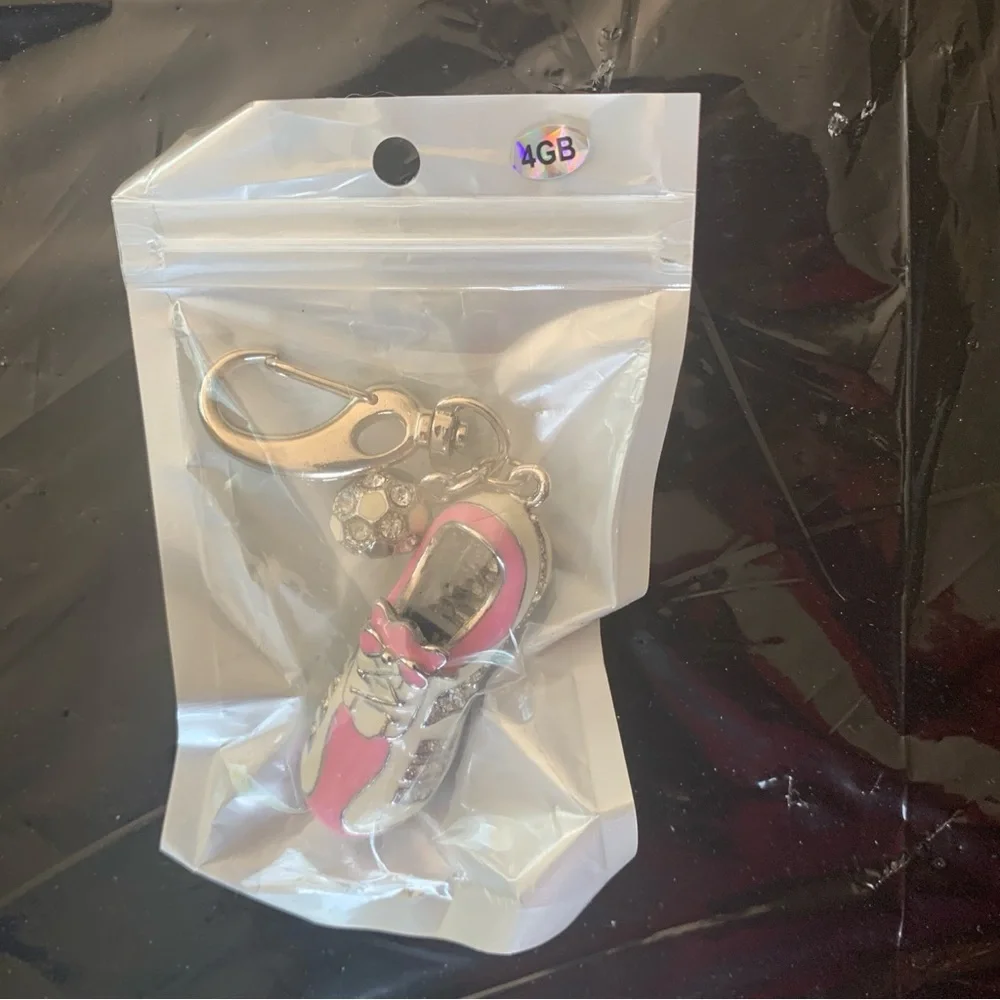 Keychain Charm with USB storage as Soccer Clit Pink and Silver.